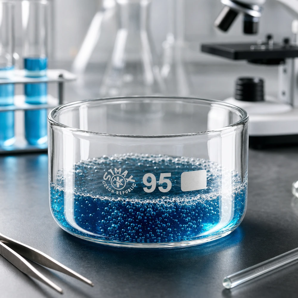Coupelle de cristallisation 300 ml sans bec verseur Coupelle en verre plate, 95 mm de diamètre, contenant un liquide bleu, perles d'ébullition, environnement de laboratoire, borosilicate