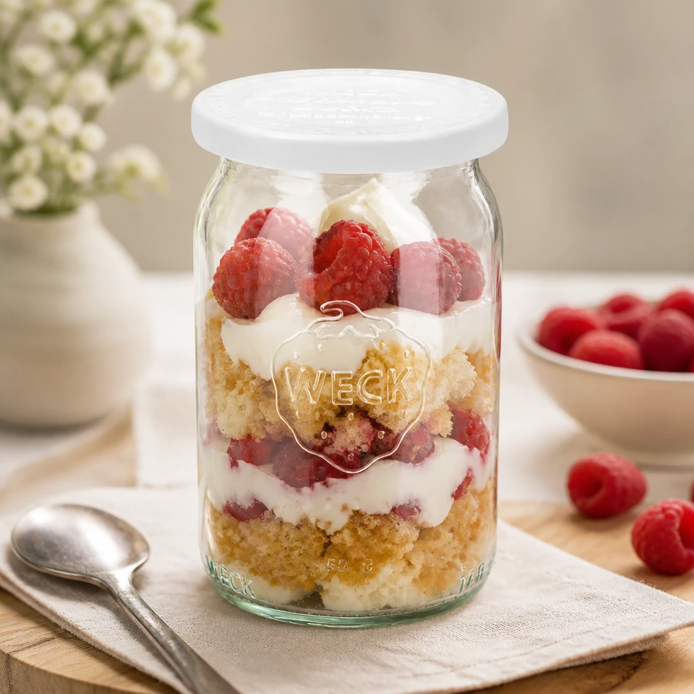 WECK RR40 Verre cylindrique 145ml avec dessert stratifié aux framboises et à la crème comme verre à petit-déjeuner sur fond clair