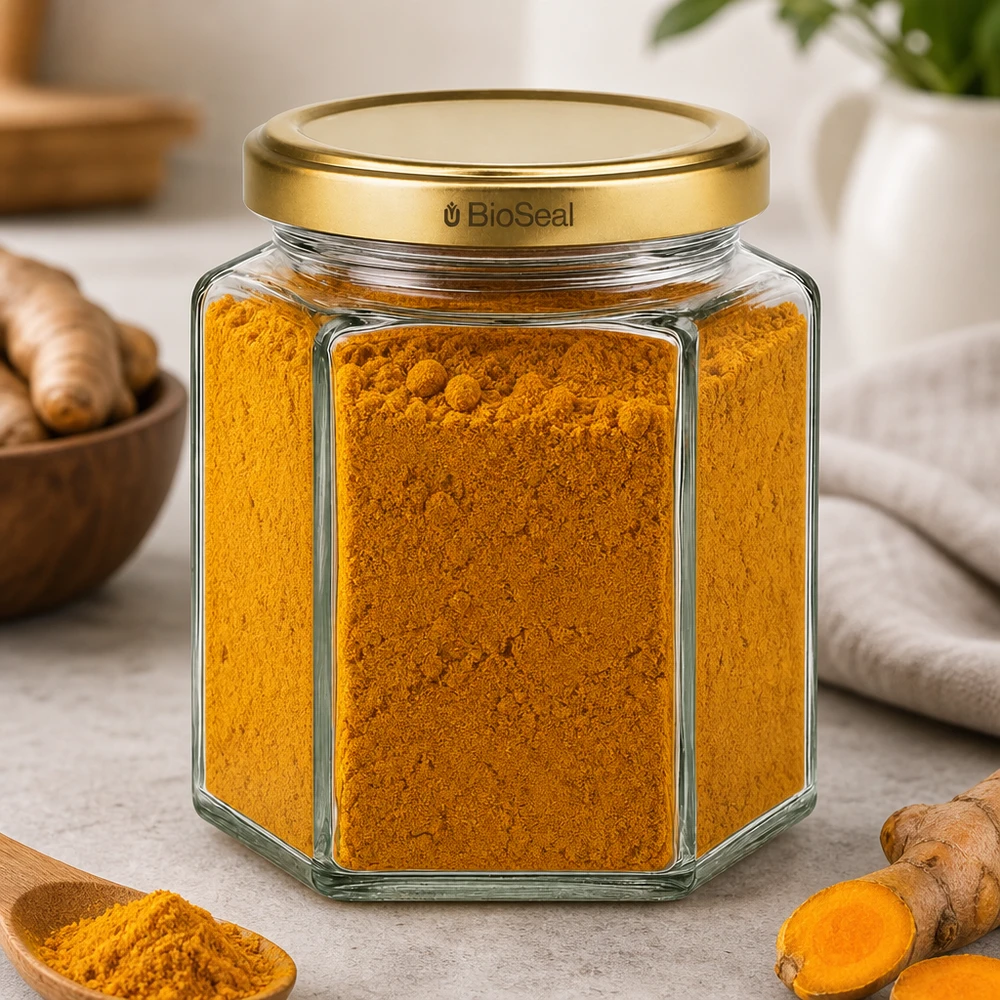 390ml Verre hexagonal avec couvercle BioSeal or UNiTWIST UNiTWIST Hexa390 Bocal à épices avec couvercle BioSeal doré rempli de poudre de curcuma à côté de racines de gingembre frais
