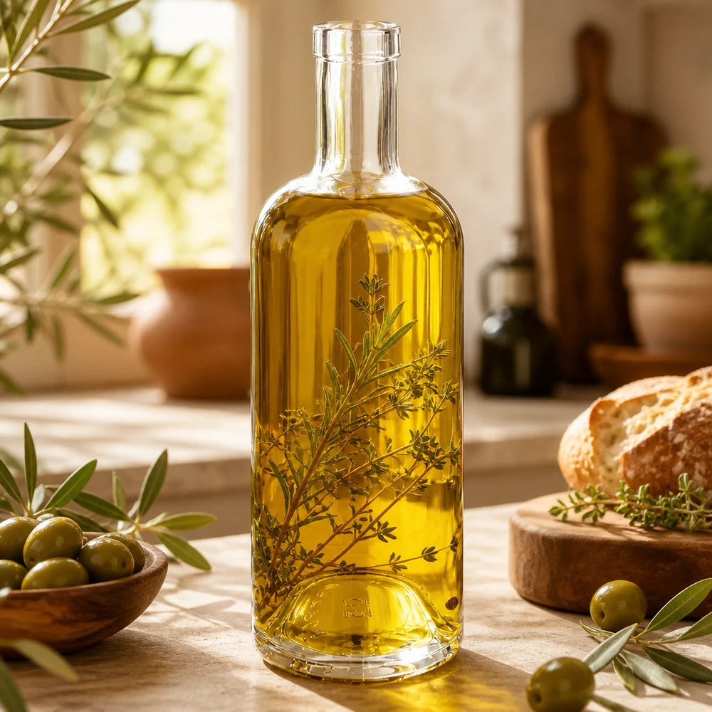 Bouteille en verre Emma de 750 ml remplie d'huile d'olive et d'herbes aromatiques à côté d'un pain aux olives et d'une décoration méditerranéenne