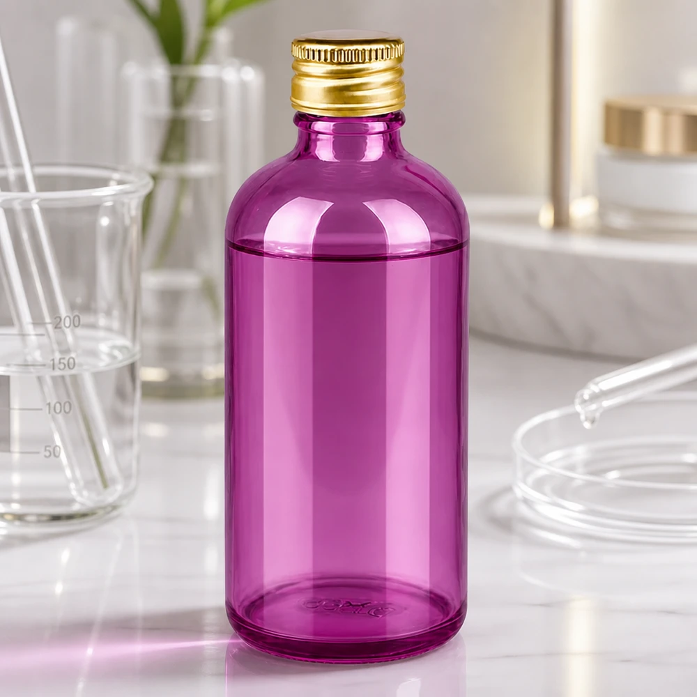 Flacon 100ml bouchon à visser 11mm alu-or standard PurpleLine. UT18/100 Bouteille ronde en verre violet de 100 ml au design ergonomique pour l'aromathérapie et les produits de bien-être
