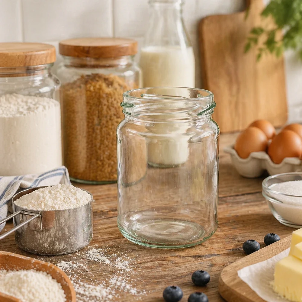 205ml Verre rond sans couvercle (TO58) UNiTWIST UNiTWIST Runda205 Pot rond 205ml TO58 Pot de conservation vide sur planche en bois avec ustensiles de cuisine et ingrédients