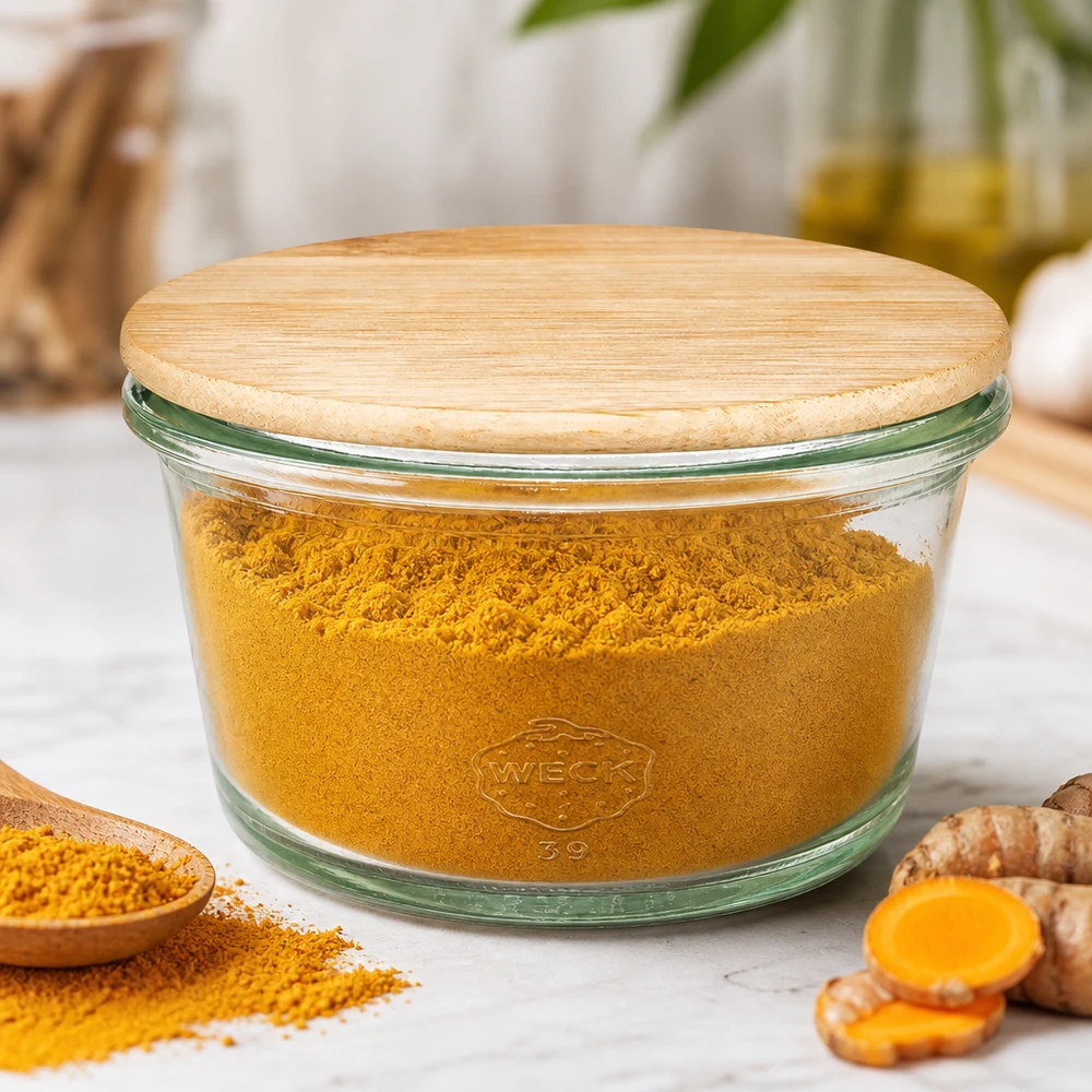 WECK Pot gourmet 165ml avec couvercle en bois rempli de poudre de curcuma comme récipient à épices à côté de la racine de gingembre sur le comptoir de la cuisine