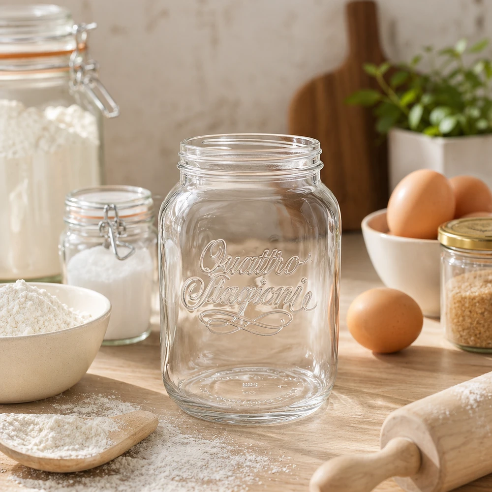 Quattro Stagioni Verre de ménage 3000ml transparent sur table en bois avec ustensiles de cuisine Œufs et farine