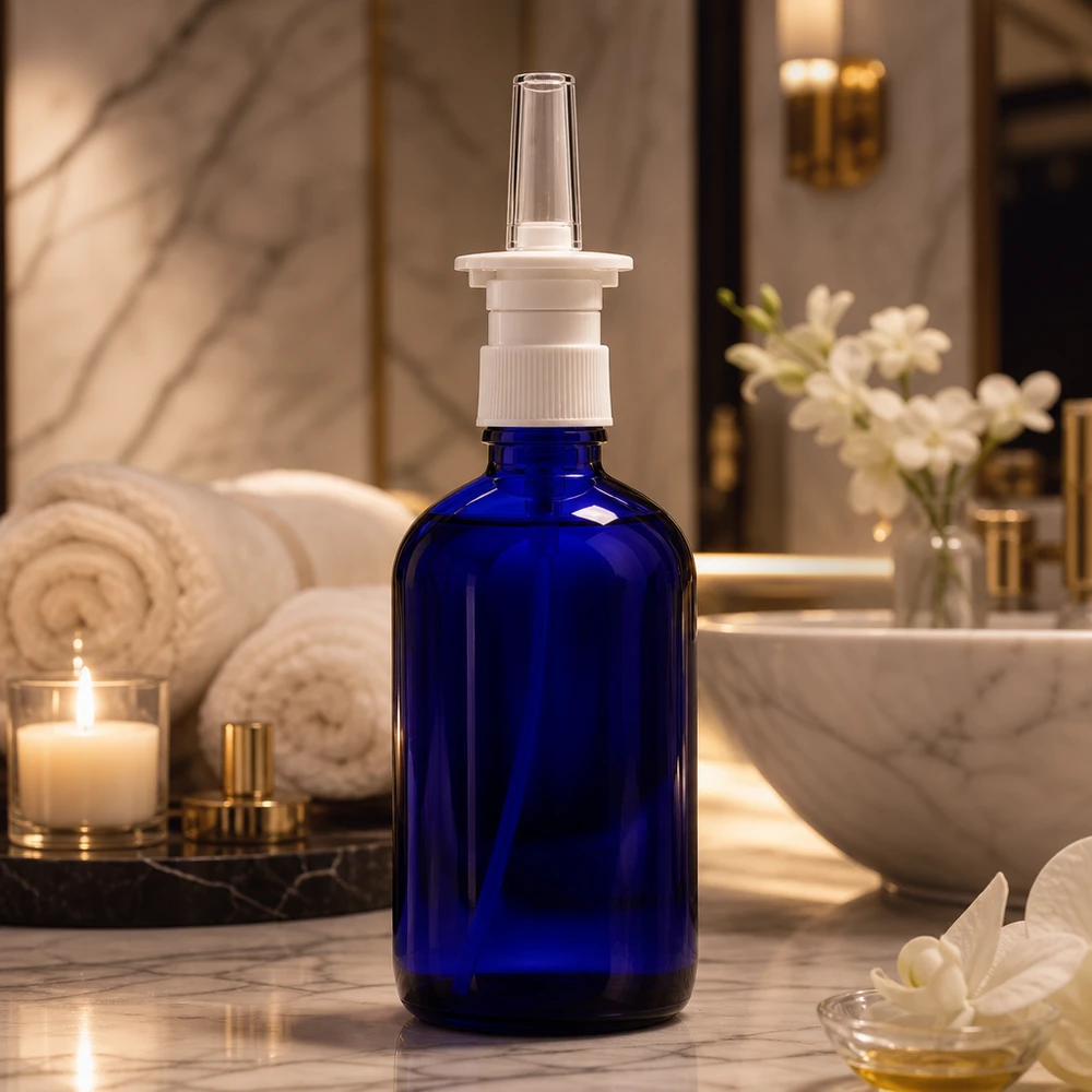 Flacon de spray nasal en verre de pharmacie de 100 ml, bleu, avec une pompe blanche et une buse d'application transparente