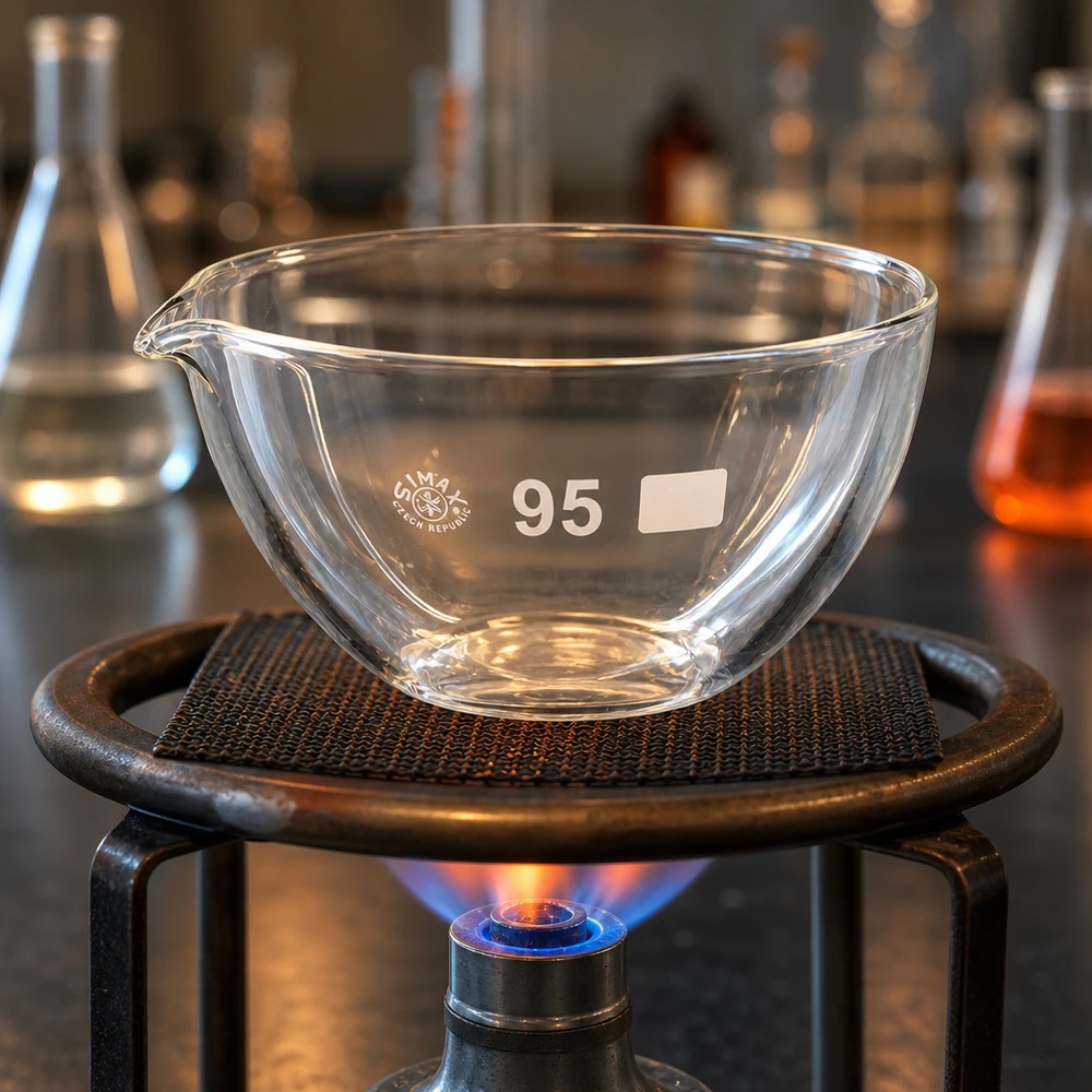 Capsule d’évaporation 170 ml en verre borosilicate, avec bec verseur Bol d'évaporation en borosilicate à paroi épaisse avec bec verseur pour une manipulation sûre en laboratoire
