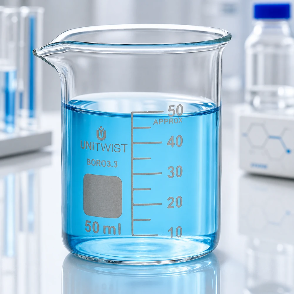 Bécher 50ml borosilicate, forme basse UNiTWIST UNiTWIST BORO 3.3 Bocal en verre de 50 ml avec zone d'étiquetage inscriptible sur fond blanc