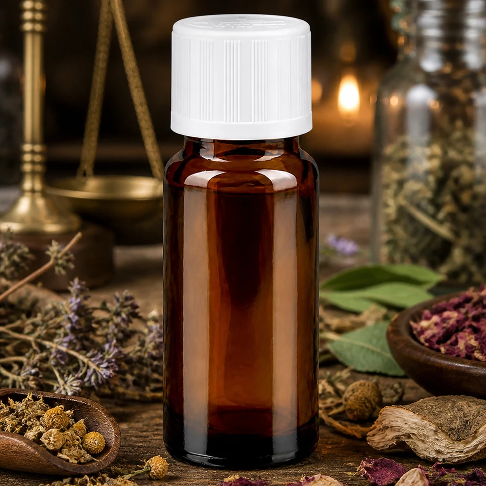Flacon de pharmacie brun 10ml bouchon vissable blanc sécurité enfant Flacon en verre ambré de 10 ml muni d'un bouchon de sécurité pour enfants, posé sur une table rustique en bois parsemée de pétales de rose