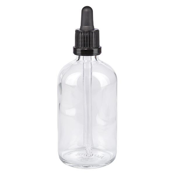 Flacon clair 100 ml + pipette noire à système d'inviolabilité Flacon clair 100 ml + pipette noire à système d'inviolabilité