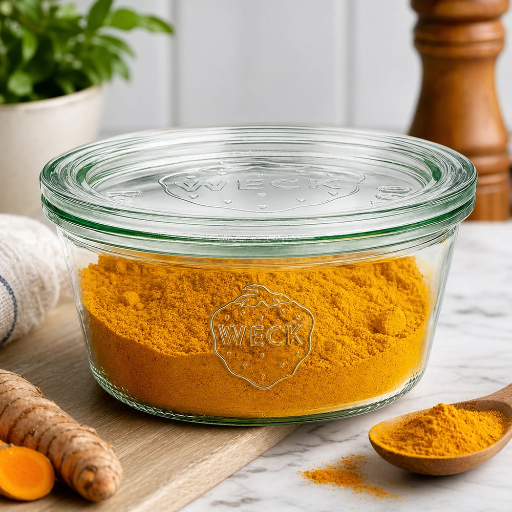 WECK Pot de 290ml RR100 rempli de poudre de curcuma comme boîte à épices à côté de la racine de curcuma fraîche et d'une cuillère en bois