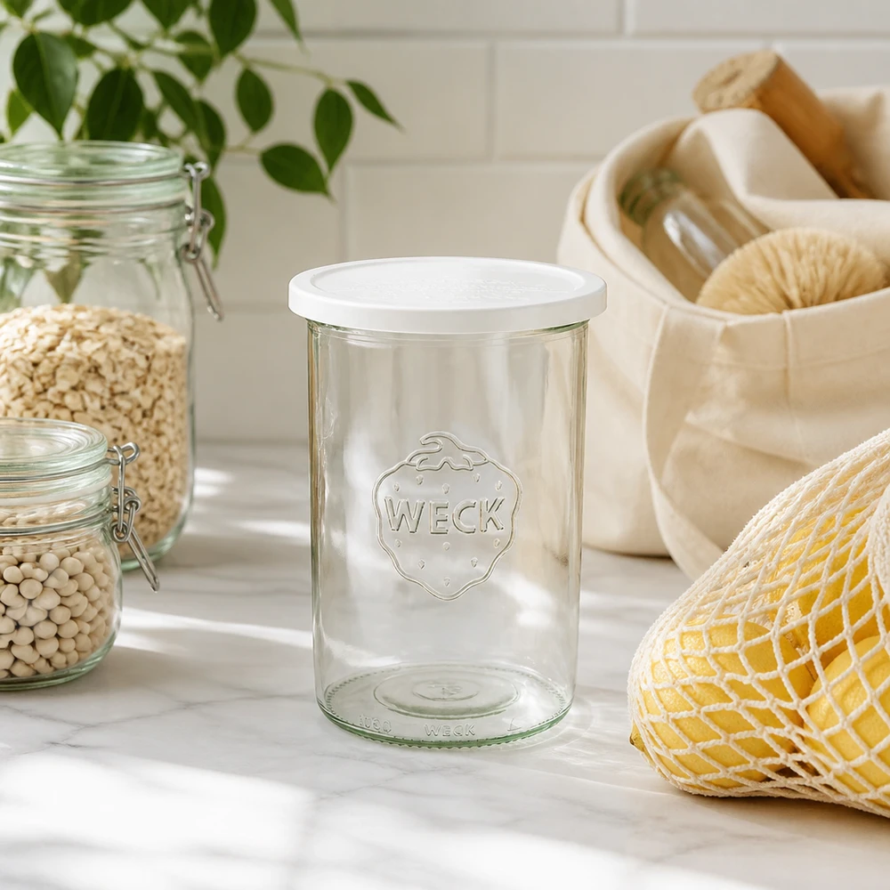 1000ml bocal conique avec couvercle fraîcheur WECK RR100 WECK Pot de 1000ml RR100 dans un environnement de cuisine naturel avec des ustensiles de conservation et des plantes durables