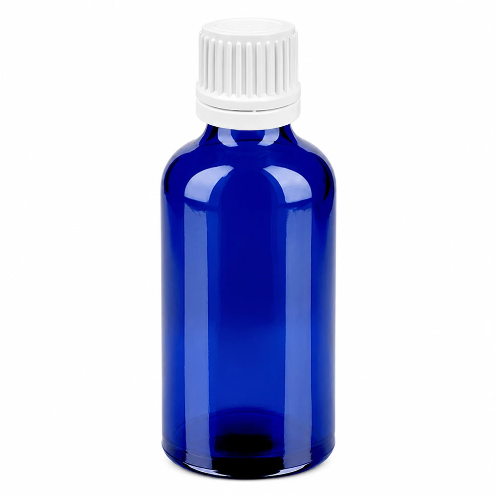 Flacon compte-goutte 50ml 0.7mm blanc OV BlueLine UT18/50 Flacon de 50ml bleu avec compte-gouttes blanc 0,7mm ouverture pour médicaments BlueLine UT18/50