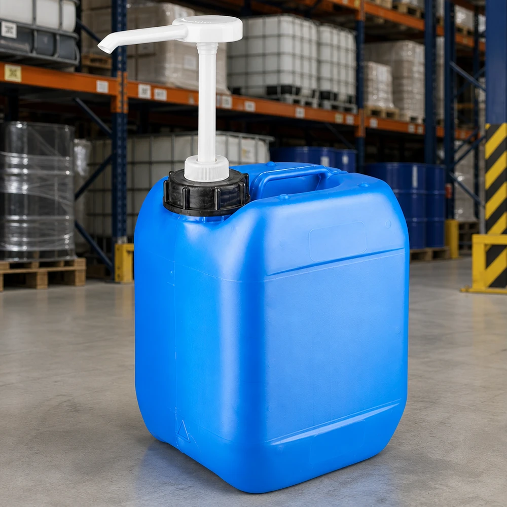 Bidon de 5 litres bleu avec pompe doseuse Bidon industriel robuste de 5 litres, bleu, muni d'une pompe blanche, devant des rayonnages de stockage