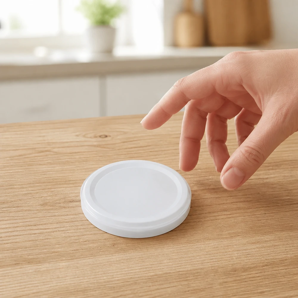 Couvercle compact TO58deep blanc de la marque UNiTWIST, posé à portée de main sur du bois clair
