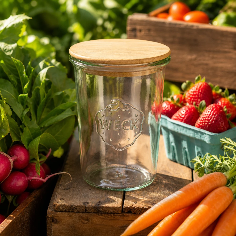 850ml bocal conique WECK RR100 avec couvercle en bois WECK Pot à provisions 850ml RR100 Couvercle en bois Scène de jardin légumes frais carottes radis fraises tomates