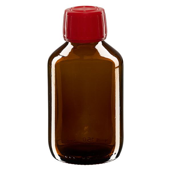 Flacon médical 150 ml couleur ambrée avec bouchon rouge Flacon médical 150 ml couleur ambrée avec bouchon rouge