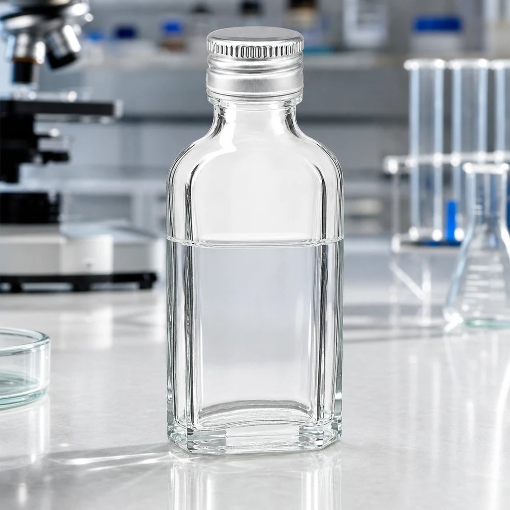Petite bouteille transparente Meplat de 50 ml avec bouchon à vis en aluminium PP22 sur fond blanc