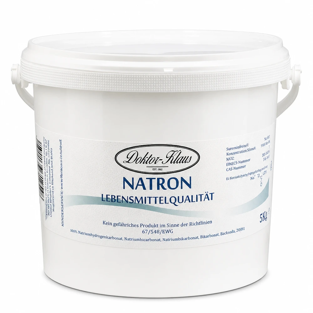 Bicarbonate de soude Doktor Klaus, seau de 5 kg, apte à l’utilisation alimentaire 5kg de bicarbonate de soude Docteur Klaus dans un seau en plastique blanc avec couvercle et poignée pour le ménage