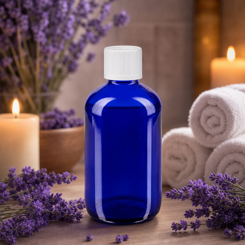 Flacon de pharmacie bleu 100ml bouchon compte-gouttes blanc sécurité enfant std Flacon compte-gouttes bleu cobalt de 100 ml ApoGlas avec bouchon KiSi, dans une ambiance spa apaisante