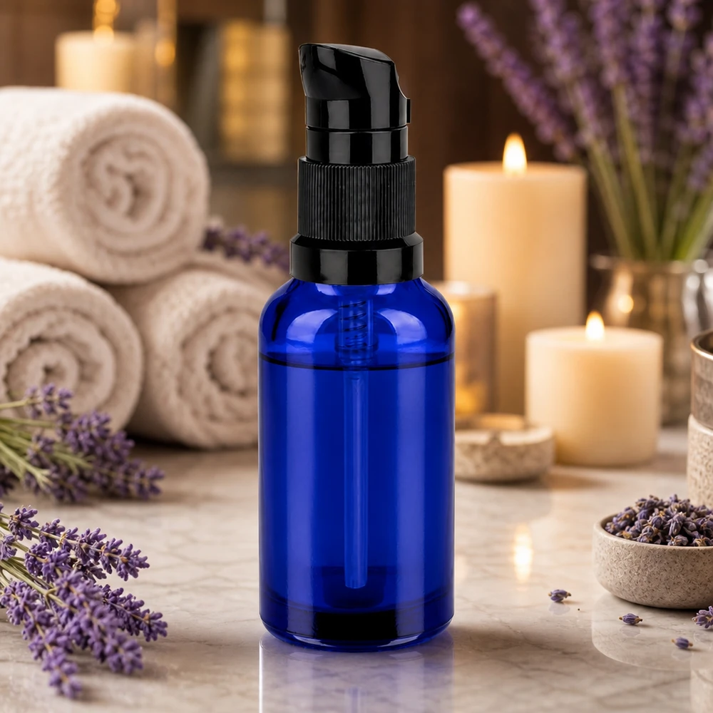 30ml flacon pompe noir STD BlueLine UT18/30 Flacon pompe bleu de haute qualité 30ml avec filetage noir UT18/30 pour cosmétiques naturels
