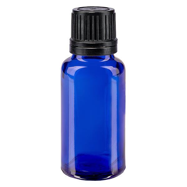 Flacon à pharmacie bleu 20ml bouchon compte-gouttes pr. 1mm noir bouchon d'inviolabilité