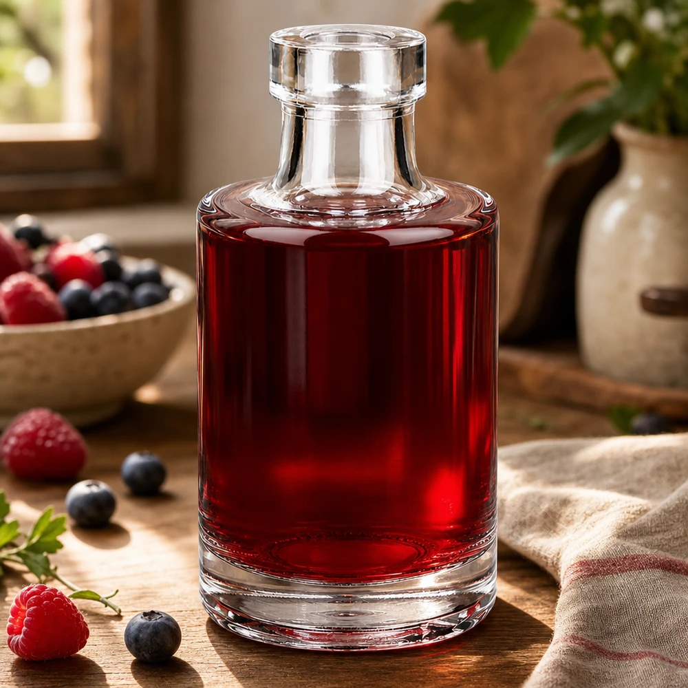 Bouteille de verre Marie de 100 ml remplie de sirop de baies rouges à côté de framboises et de myrtilles fraîches sur une table en bois