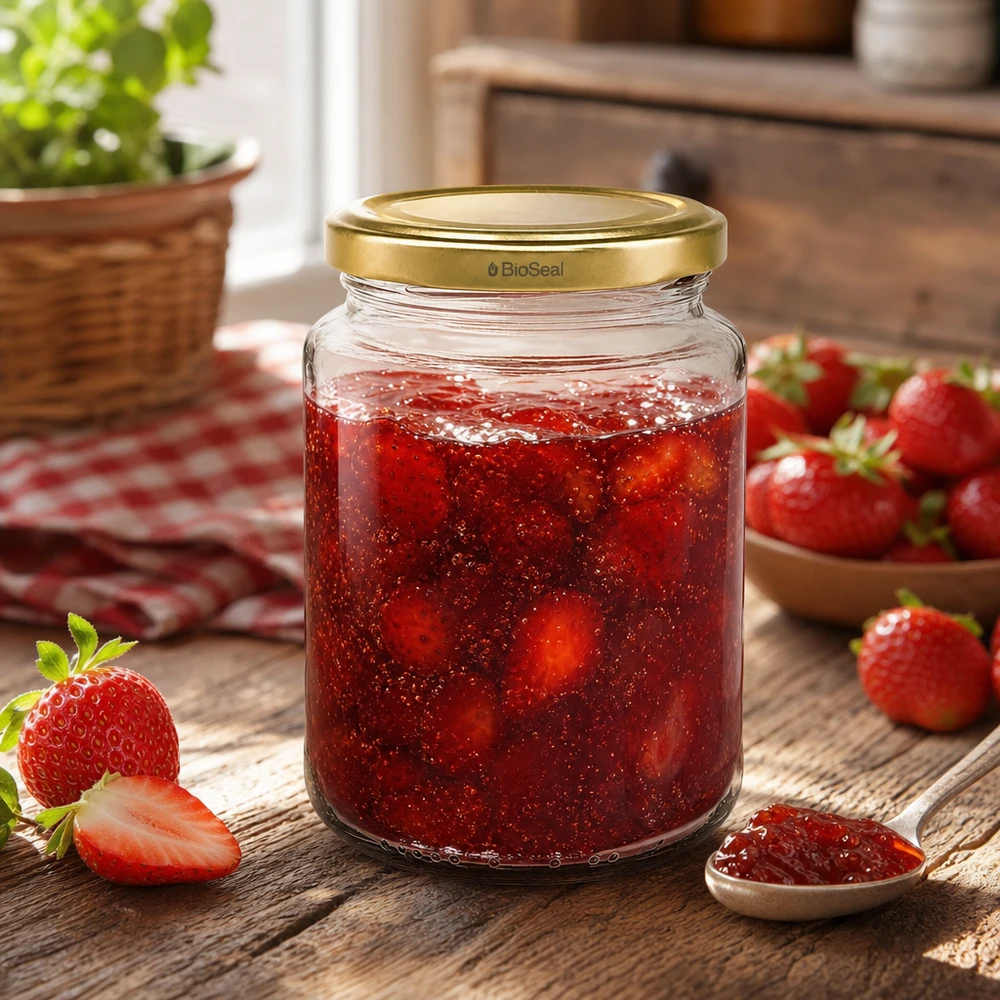 UNiTWIST Runda382 fourré à la confiture de fraise, TO66 BioSeal couvercle doré, confiture faite maison sur table en bois
