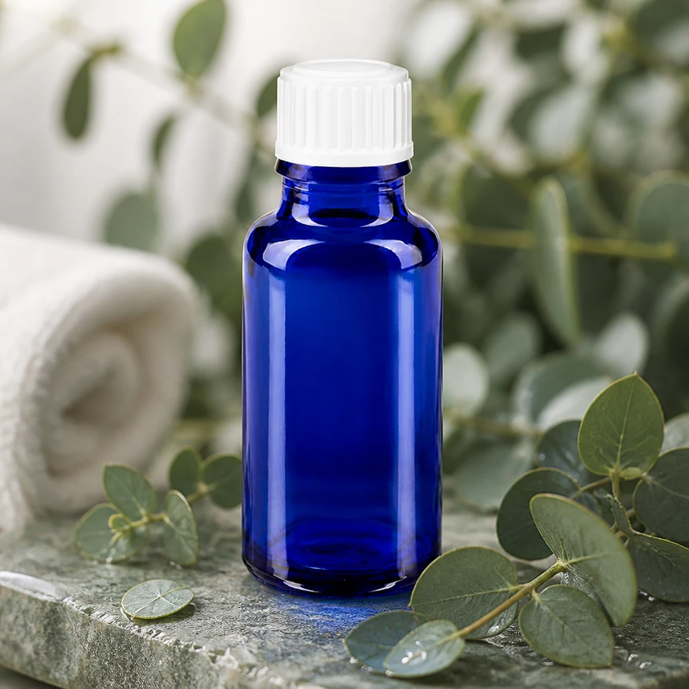 Flacon à pharmacie bleu 20ml bouchon à vis blanc standard Flacon de pharmacie de 20 ml, bleu cobalt, avec bouchon d'inviolabilité, pour les cosmétiques naturels et l'aromathérapie