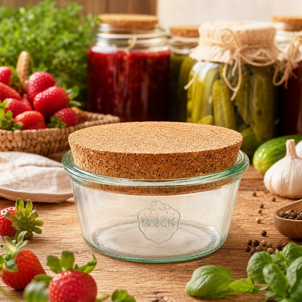 WECK Pot de conserve 290ml avec couvercle en liège dans une cuisine rustique entourée de fraises et de légumes frais