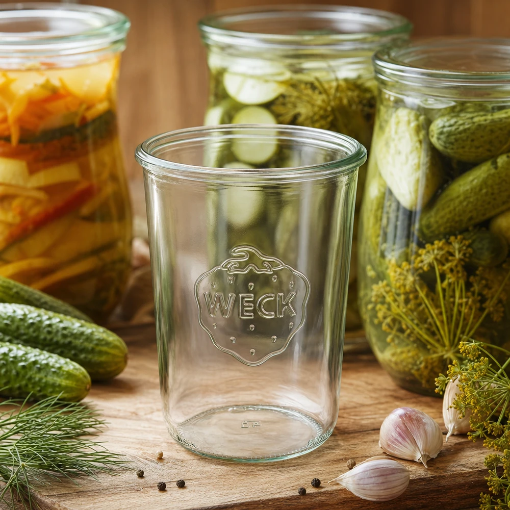 Pot renversé vide WECK RR100 de 850 ml devant des cornichons et des légumes marinés dans des bocaux de conservation remplis sur un fond en bois