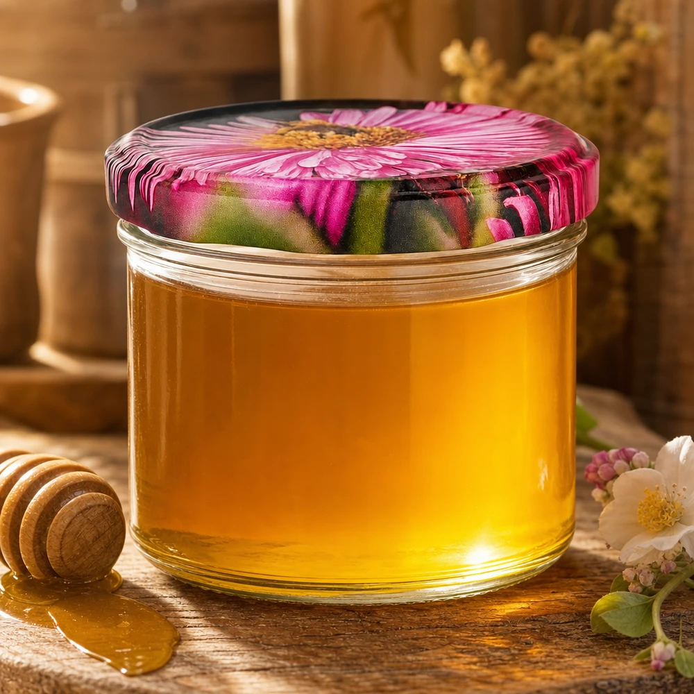 Pot de miel 230ml avec BasicSeal couvercle à fleur rose Gerbera rempli de miel doré Baguette de bois pour miel Ustensile de cuisine