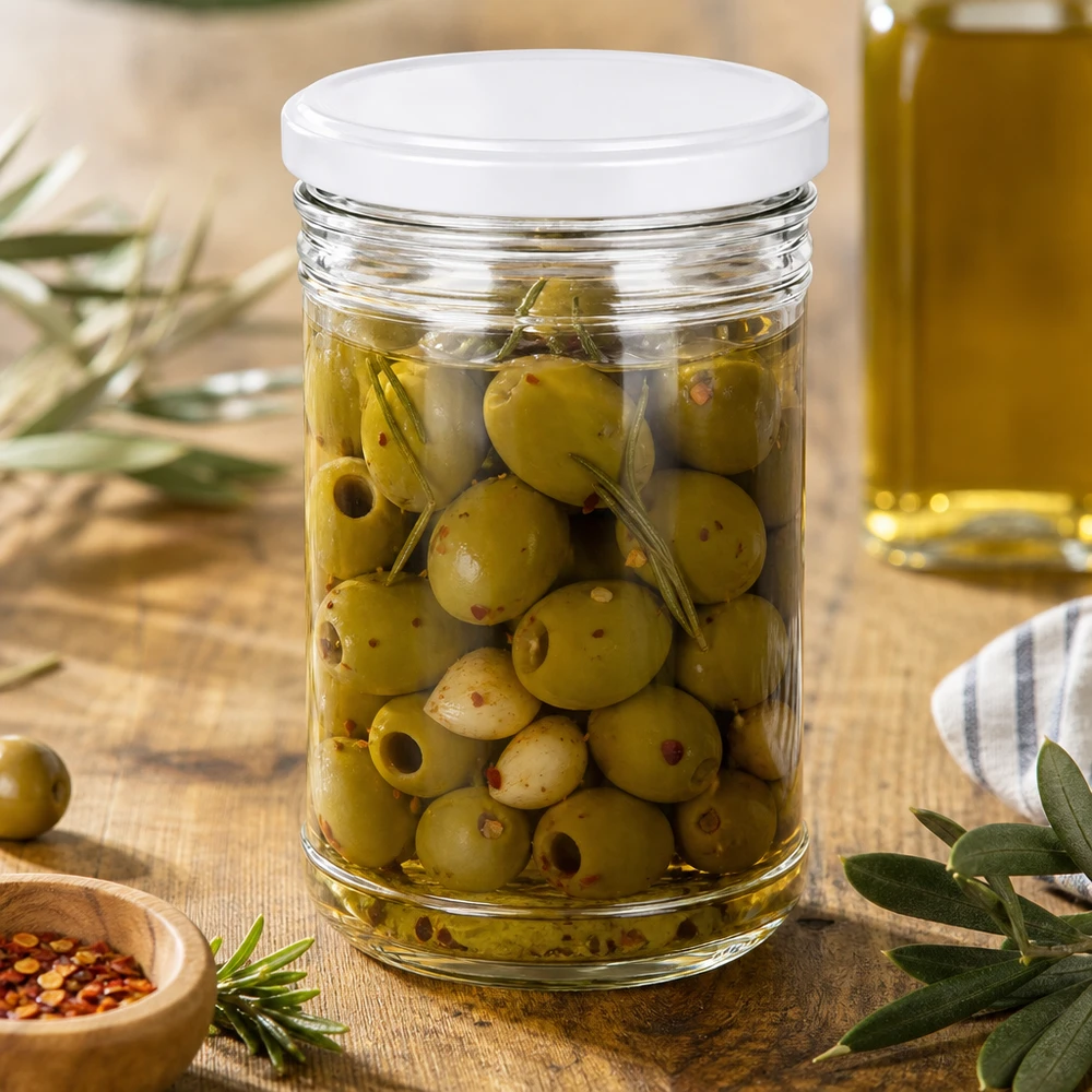 1053ml Verre conique avec couvercle BasicSeal blanc UNiTWIST 1053ml verre renversé rempli d'olives montre Méditerranée utilisation BasicSeal couvercle blanc bocal pour antipasti