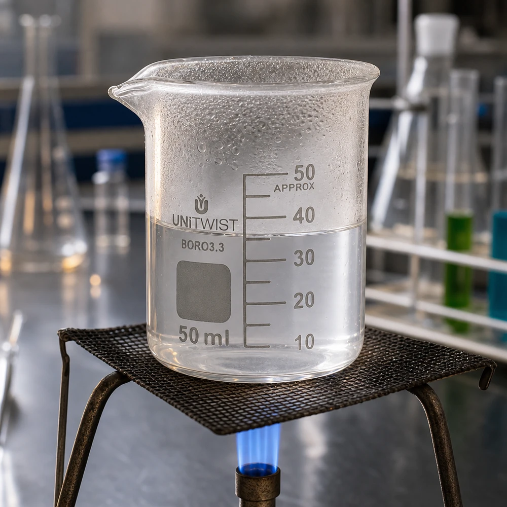 Bécher 50ml borosilicate, forme basse UNiTWIST Bécher de forme basse, 50 ml, UNiTWIST, avec graduation en millilitres jusqu'à 50 ml, destiné à un usage en laboratoire
