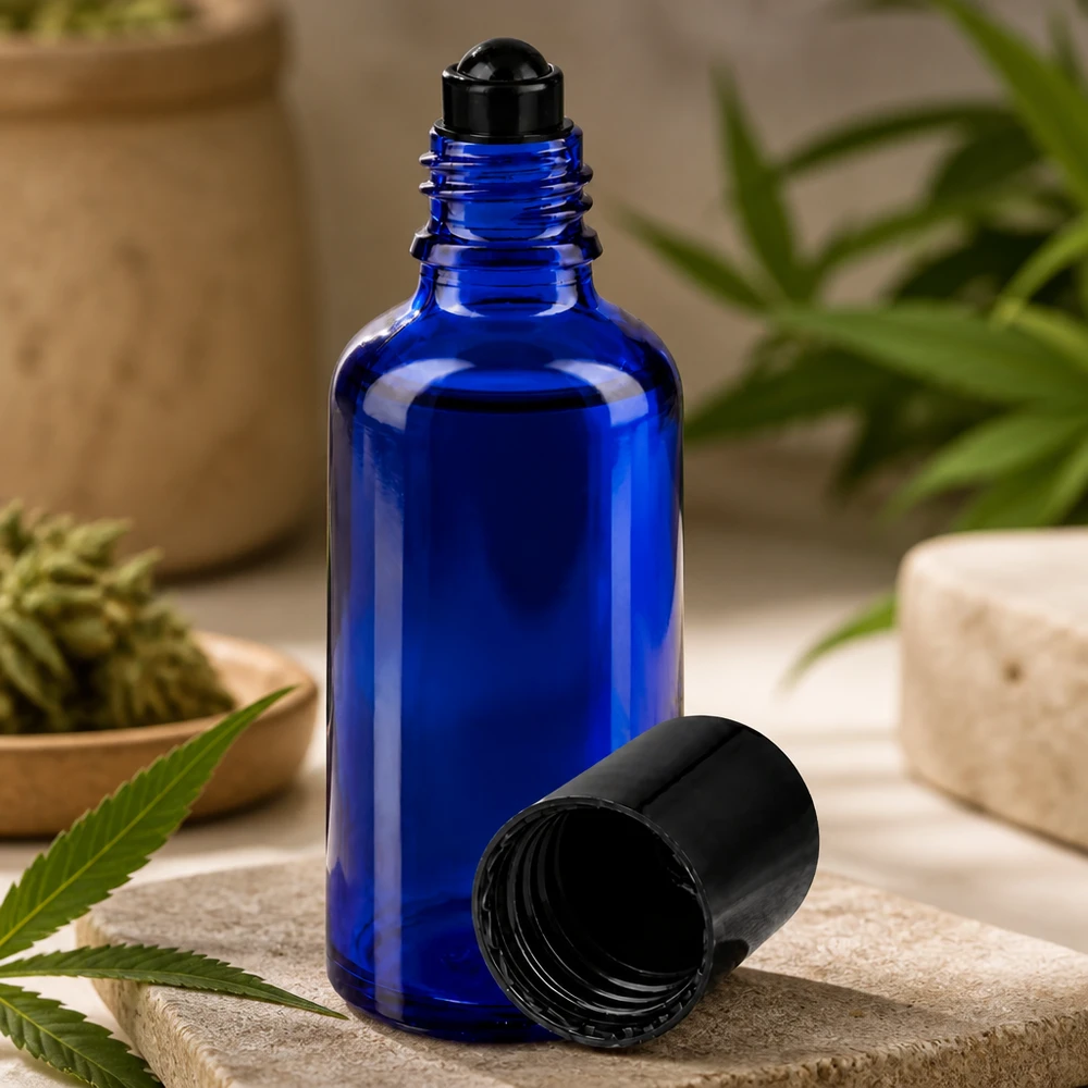 Flacon de déodorant en verre bleu 50 ml, déo à bille vide Flacon en verre de pharmacie bleu de 50 ml muni d'un applicateur à bille, sur fond de plants de chanvre naturels