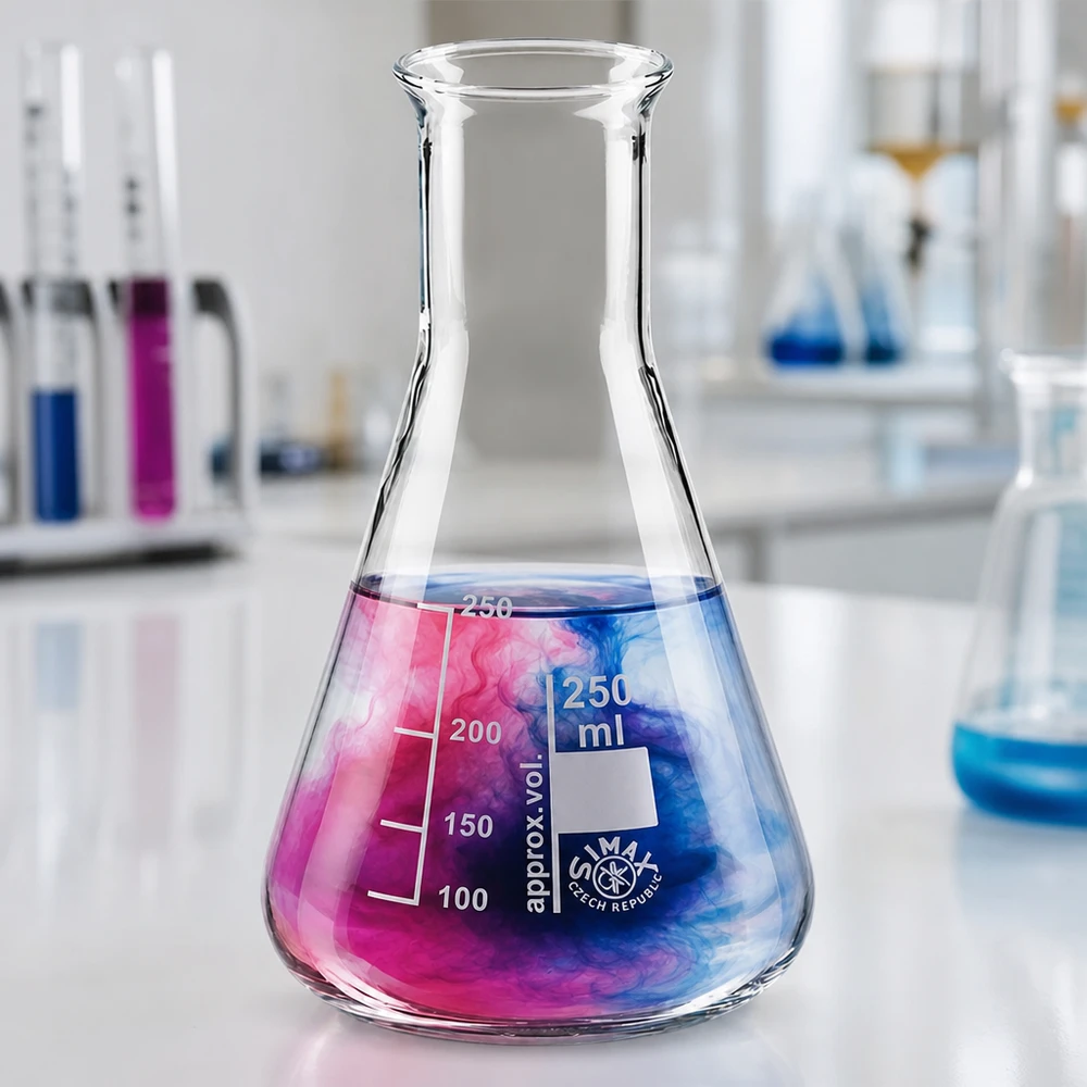 Erlenmeyer 250ml col large, verre borosilicate Erlenmeyer scientifique 250ml pour réactions avec liquide bicolore