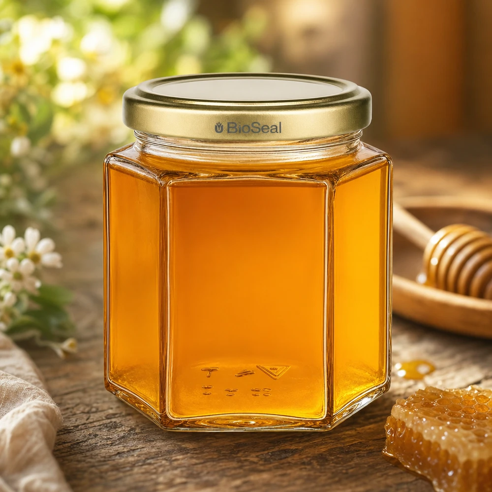 Pot de miel hexagonal de 520g avec couvercle BioSeal Gold rempli de miel naturel à côté du rayon et de la cuillère à miel