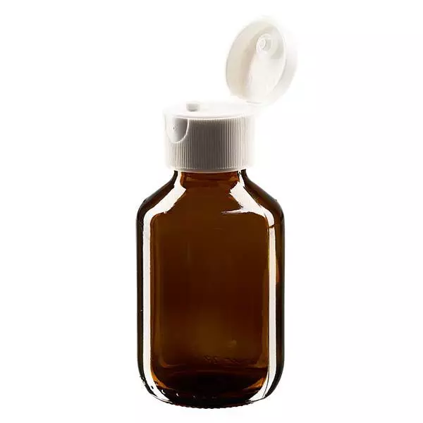 Flacon médical de 100 ml avec couvercle blanc à charnière