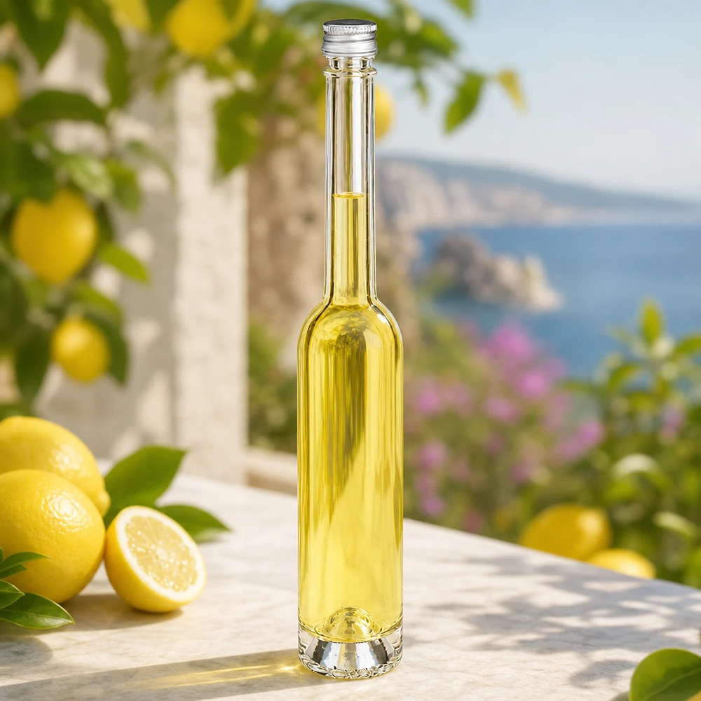 Bouteille en verre Toni de 100 ml avec bouchon à vis argenté - forme étroite et élégante pour Limoncello