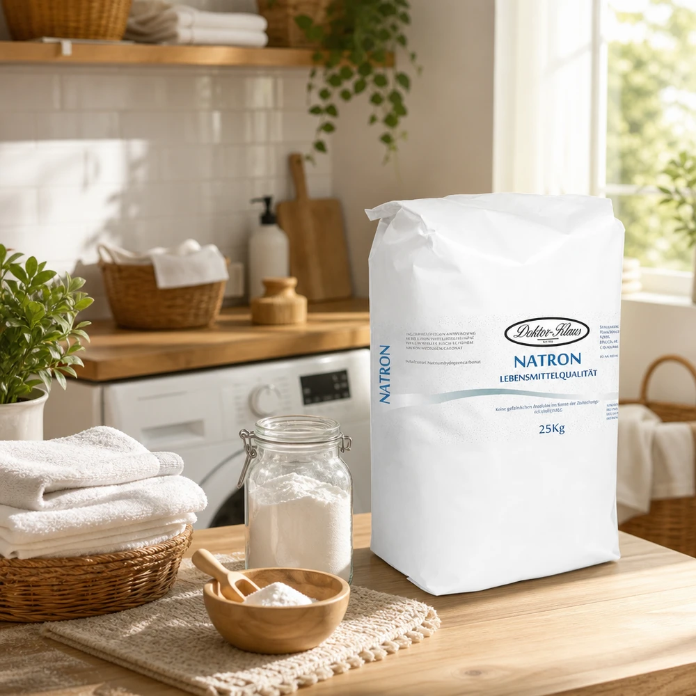 Bicarbonate de soude Doktor Klaus, sac de 25 kg vendu en gros, apte à l’utilisation alimentaire Grand sac de 25 kg de bicarbonate de soude en poudre dans une cuisine moderne avec du bicarbonate de soude naturel