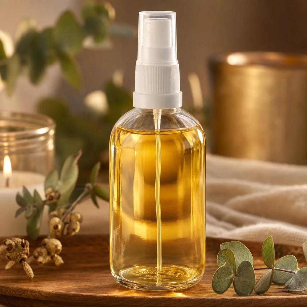 100ml vaporisateur blanc/tr. STD ClearLine UT18/100 Flacon en verre ClearLine de 100 ml avec huile dorée et vaporisateur blanc, présenté sur un plateau en bois « Wellness Ambiente »