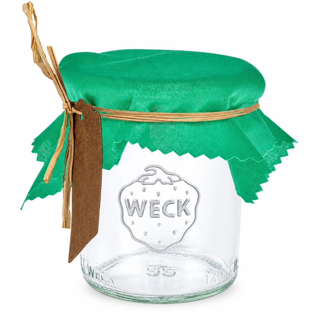Cache-bijoux en tissu vert 12cm carré sur bocal avec élastique et pendentif marron comme cache-confiture