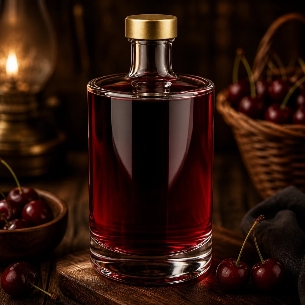 Bouteille en verre Sam de 500 ml remplie de liquide rouge à la cerise Bouchon doré UNiTWIST Décoration cerises Lumière chaude