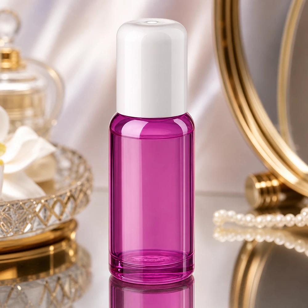 Flacon roll-on rechargeable de 20ml avec système de billes métalliques en verre violet pour les huiles