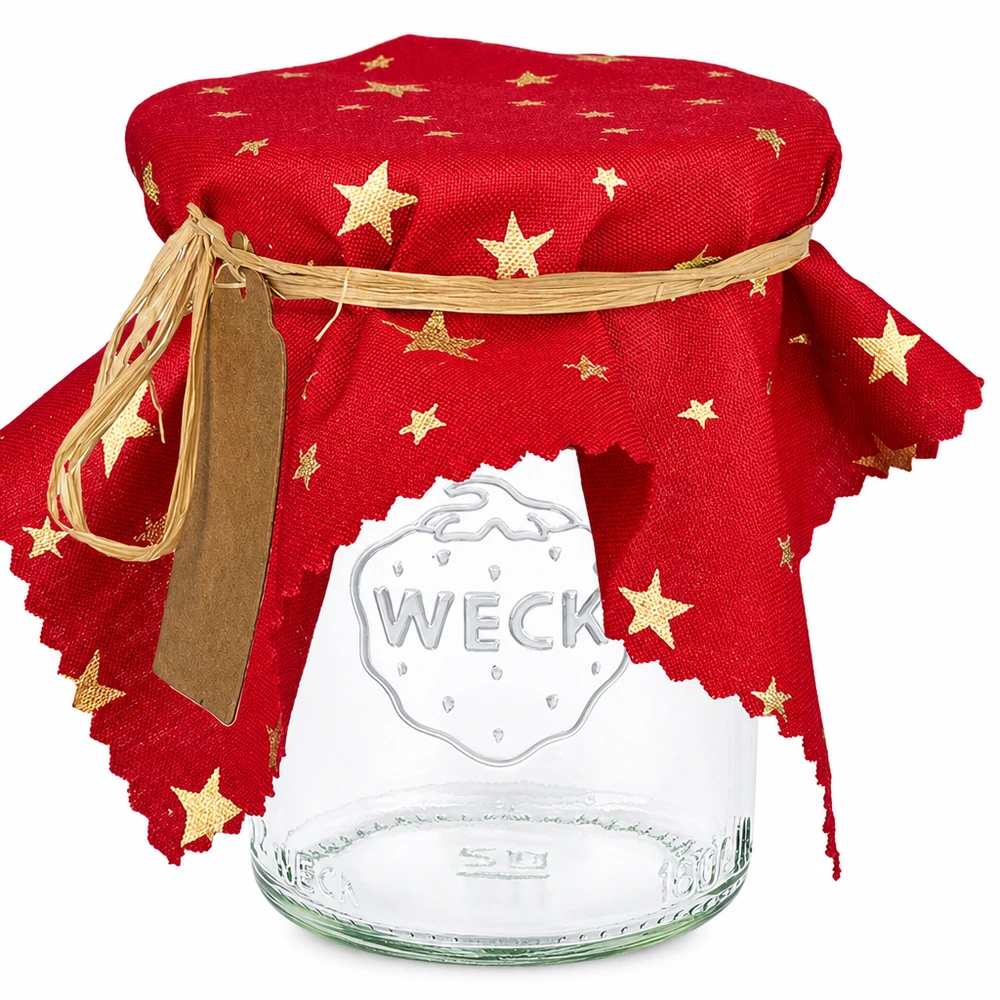 Couvercle décoratif rouge avec étoiles dorées sur verre WECK, coupe carrée, 15cm, décoration festive