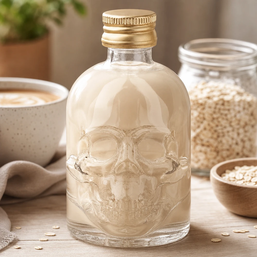 Bouteille en verre 50 ml « Hector » et bouchon à vis doré UNiTWIST® Bouteille en verre Hector de 50 ml avec relief de tête de mort et bouchon doré dans un environnement de cuisine naturel avec flocons d'avoine