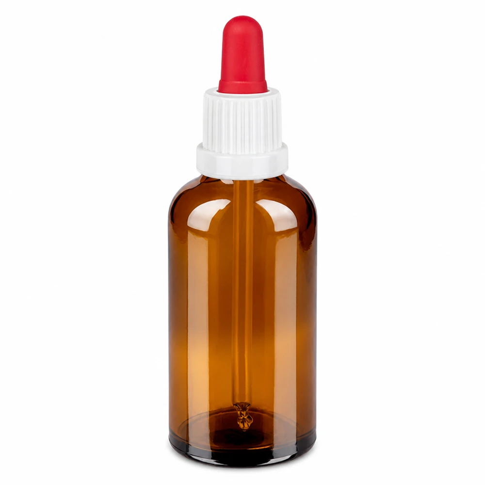 50ml flacon à pipette blanc/rouge OV BrownLine UT18/50 Flacon à pipette en verre brun de 50 ml avec bouchon blanc et pipette rouge pour un dosage précis