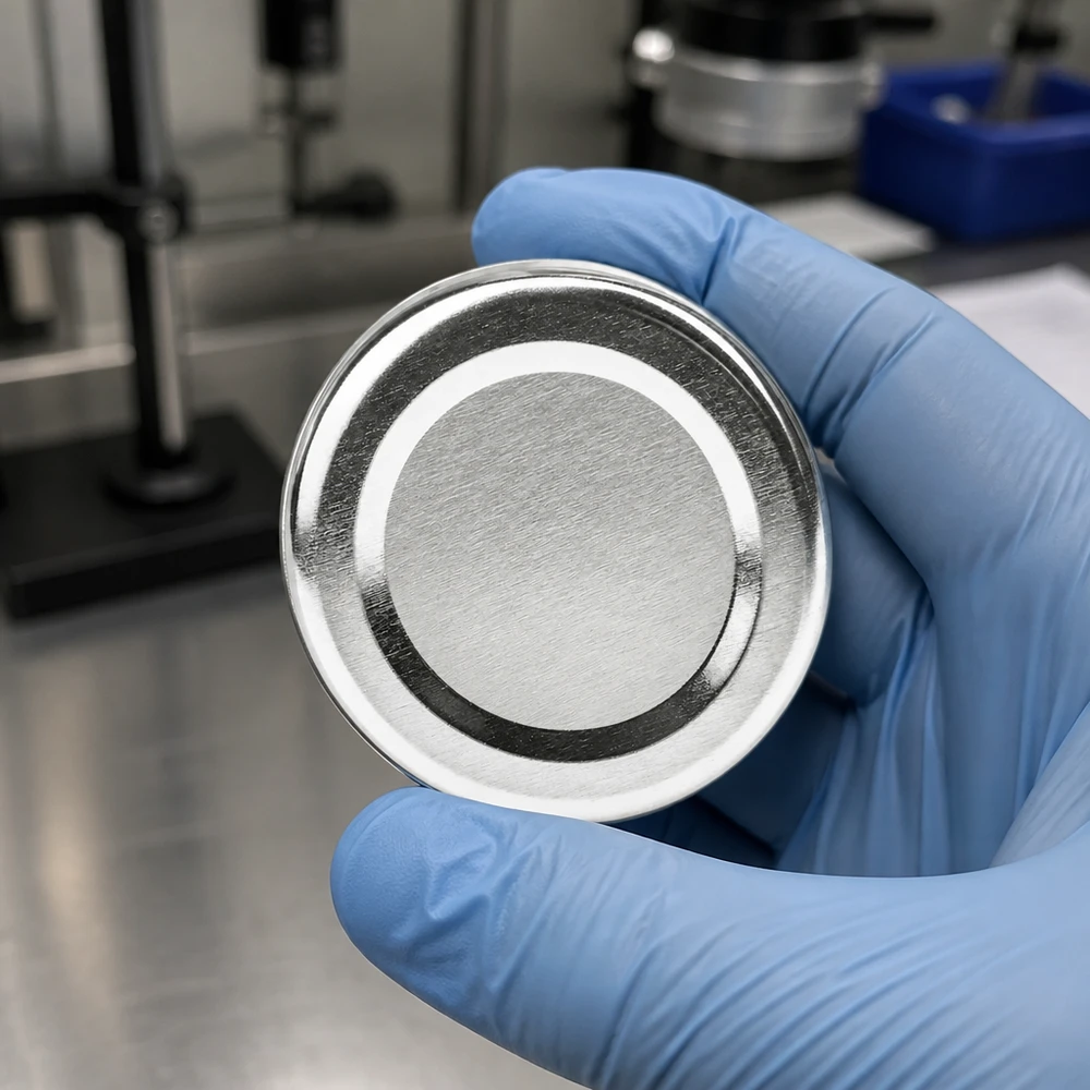 66mm BasicSeal bouchon argenté (TO66deep) UNiTWIST Contrôle qualité des couvercles de bocaux en argent de 66 mm TO66deep BasicSeal UNiTWIST, configuration de laboratoire