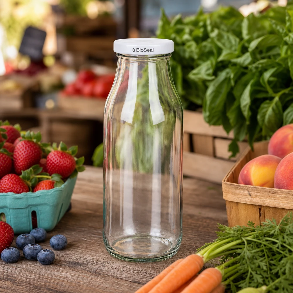 263ml Bouteille avec couvercle BioSeal blanc UNiTWIST UNiTWIST Bottle263 Bouteille en verre vide parmi des fruits et légumes frais sur une table en bois dans une scène de cuisine naturelle