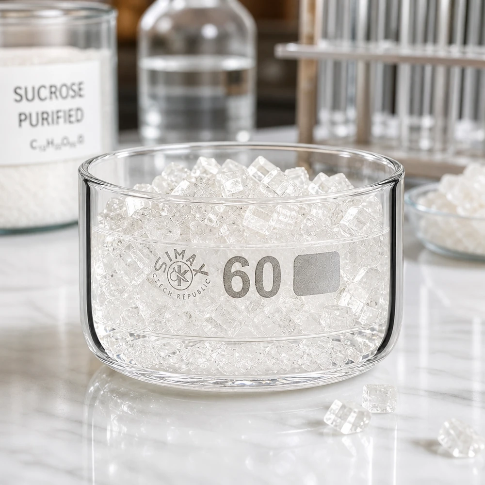 Bol cylindrique en verre borosilicaté Simax de 60 ml contenant du sucre de canne (saccharose, C12H22O11) sous forme de cristaux