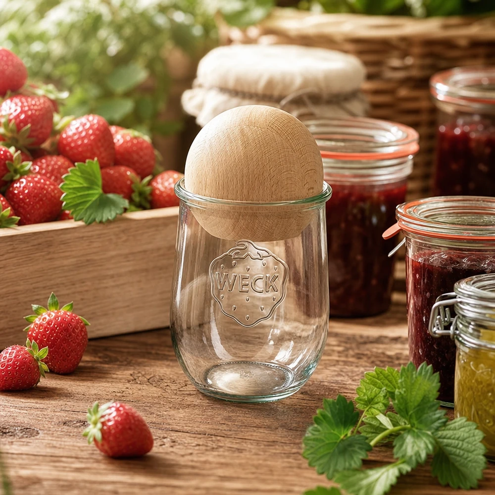 1062ml bocal tulipe WECK RR100 avec boule en bois en hêtre WECK Pot de conservation 1062ml RR100 avec couvercle en bois lors de la mise en conserve de confiture de fraises dans une cuisine rustique